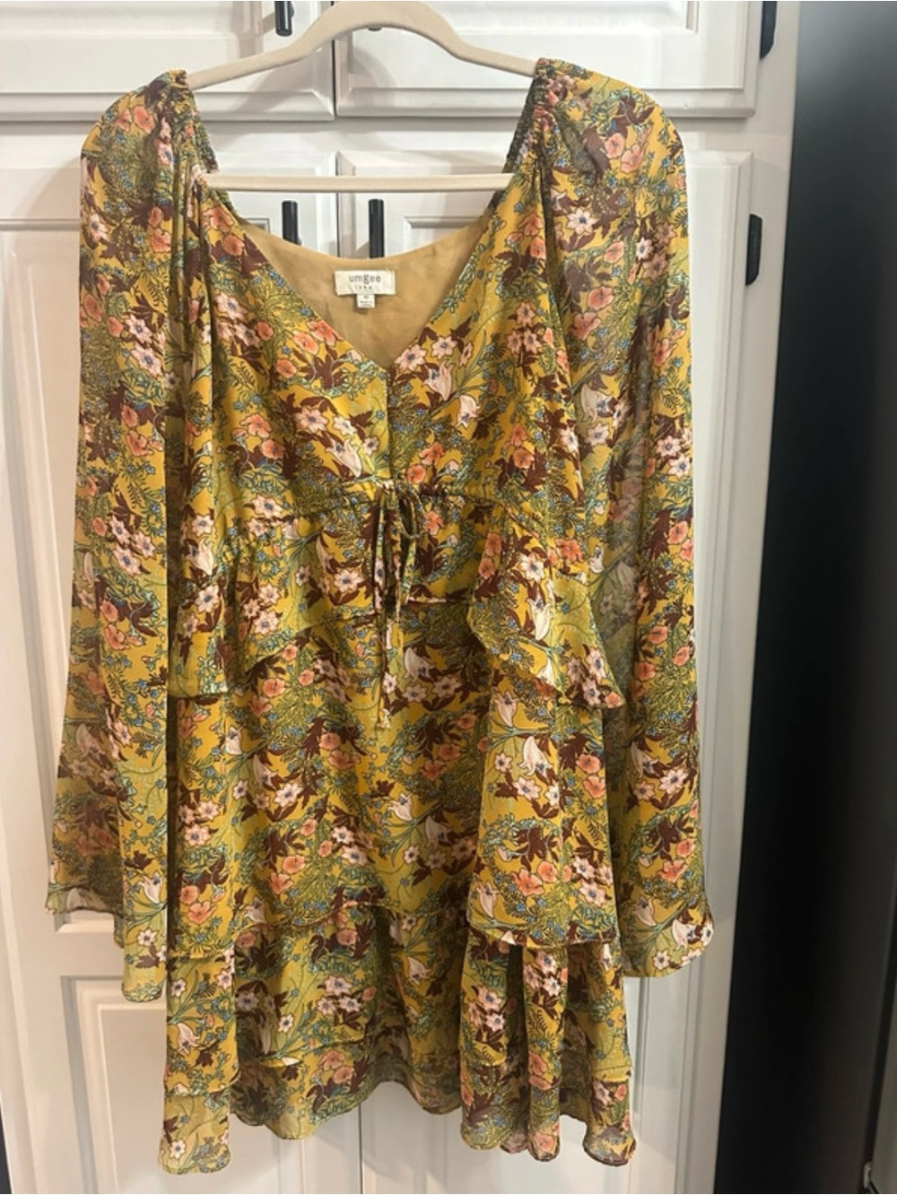 Umgee Long Sleeve Floral Ruffle Dress in Mustard Yellow